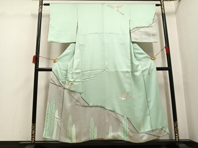 長閑やかさ屋御召しもの●短い訪問着 絵描き物 刺しゅう 飛鳥植物文 金彩 正絹 珠玉 AABH6911ph