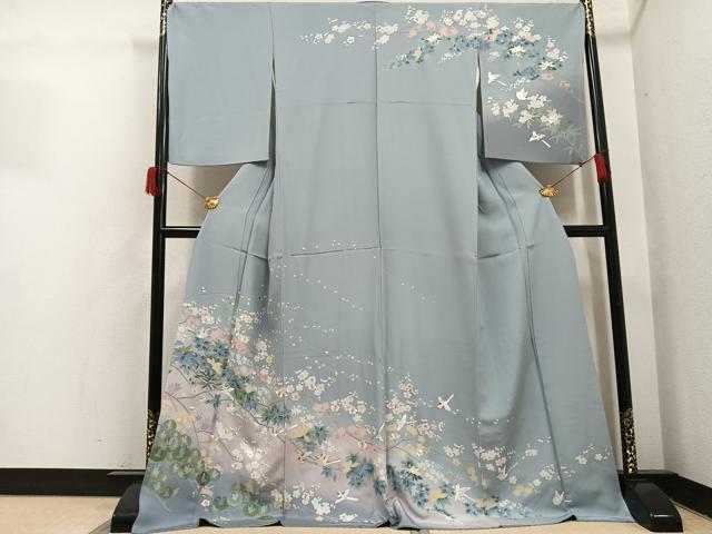 長閑やかさ屋御召しもの●短い訪問着 友禅 刺しゅう 花鳥文 暈し染め 金糸 ロング丈 正絹 珠玉 AABH6949ph