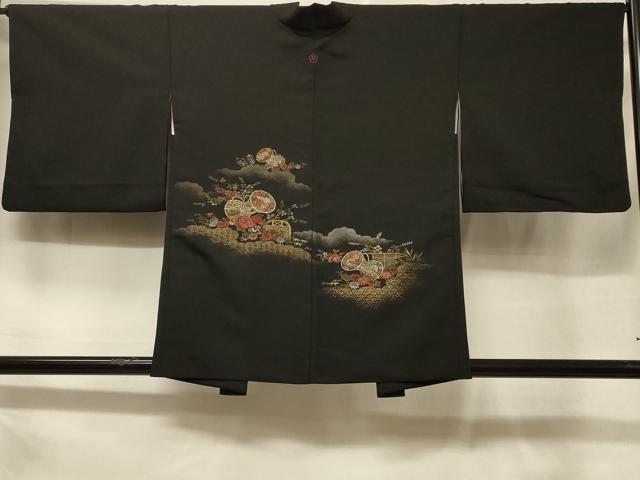 平和屋着物＃羽織　寿光織　雲取り鼓花文　黒地　金銀糸　正絹　逸品　CABF1305in｜平和屋