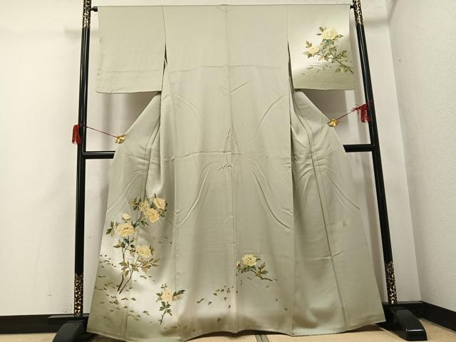 長閑やかさ屋御召しもの●漆芸術絵描き 金森一博 短い訪問着 墨付き 枝花文 暈し染め 金彩 正絹 珠玉 AABH6877ph