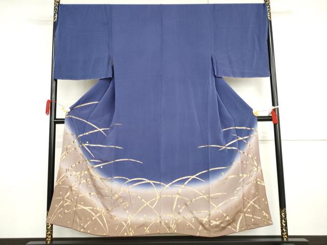 長閑やかさ屋御召しもの●あやつり人形執筆者・ホリヒロシ 成人男性 短い訪問着 背抜き仕立てもの 枝葉文 暈し染め 金彩 鬼しぼクレープ キングサイズ 正絹 珠玉 AABI2593cs