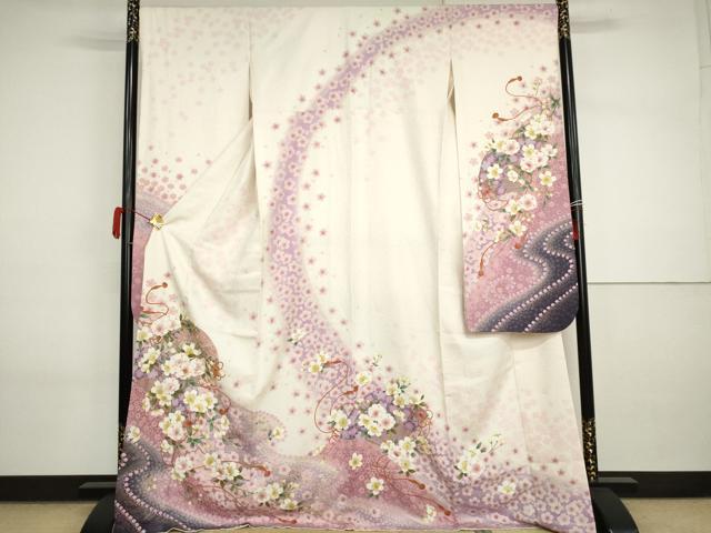 長閑やかさ屋御召しもの●晴れ晴れしい振袖 扇子花文 暈し染め 金彩 現ナマ糸 銀通し地 ロング丈 正絹 珠玉 AABI2602cs