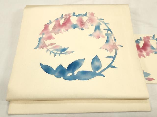 長閑やかさ屋御召しもの●塩瀬 九寸名古屋帯 絵描き物 墨付き 刺しゅう ろうけつ染め 被子植物丸文 銀糸 正絹 珠玉 CABG2813dy