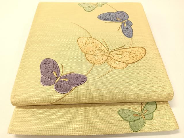 長閑やかさ屋御召しもの●膜鳴楽器柄袋帯 刺しゅう 舞蝶文 金糸 正絹 珠玉 CABG7894vp