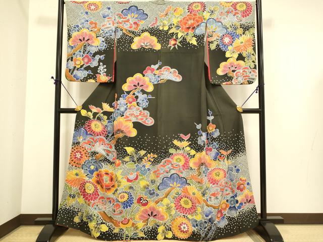 長閑やかさ屋御召しもの●短い訪問着 型染 花松文 正絹 珠玉 DABE9656du