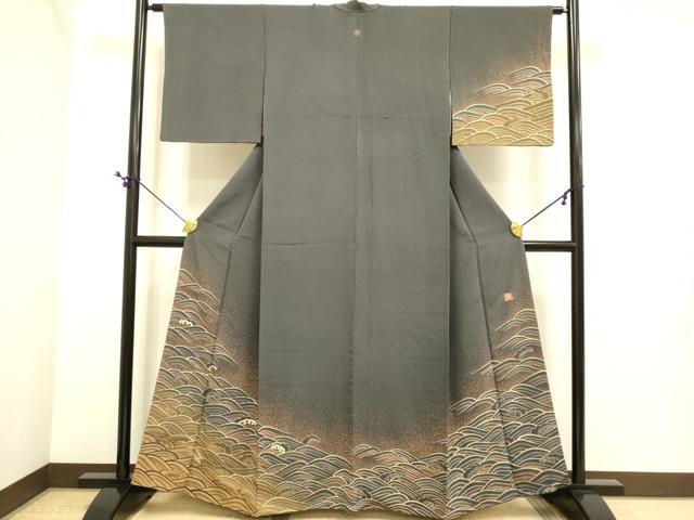 長閑やかさ屋御召しもの●ファッションデザイナー 花井幸子 短い訪問着 刺しゅう 立波文 正絹 珠玉 DABE9658du