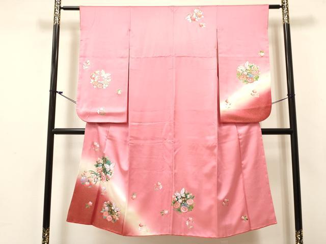 平和屋着物[]七五三　女の子　７歳　祝着　四つ身　花蝶文　暈し染め　金銀彩　逸品　DABE7080ma｜平和屋