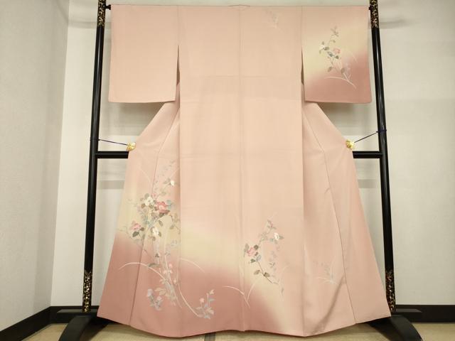 長閑やかさ屋御召しもの●短い訪問着 友禅 枝花文 暈し染め 鈴乃屋取りまわし 正絹 珠玉 AABI4456ck