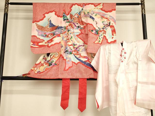 平和屋着物[]七五三　女の子　祝着　一つ身　長襦袢(無双仕立て・半衿刺繍)セット　飛鶴花文　暈し染め　金彩　逸品　AABG3177ja｜平和屋