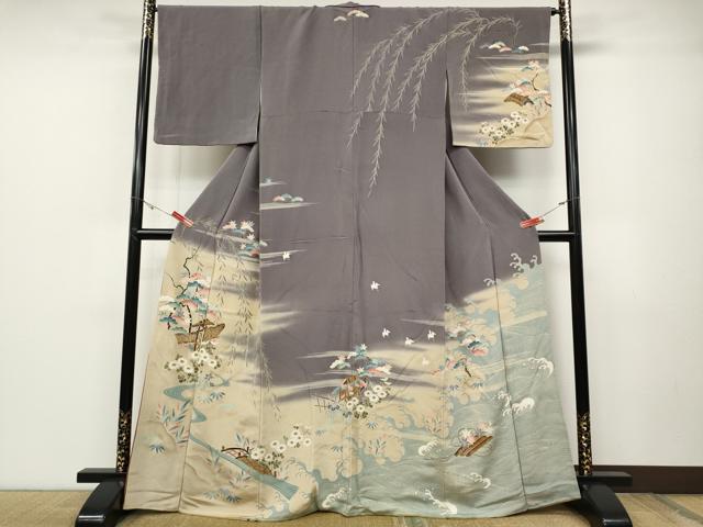 長閑やかさ屋お召しもの●短い訪問着 水筋見晴らし花文 暈し染め 金彩 鬼しぼクレープ 正絹 珠玉 CABD0065ut