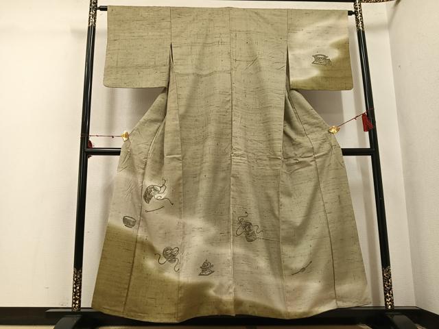 長閑やかさ屋御召しもの●短い訪問着 生紬 絵描き物 墨付き 入れもの被子植物文 暈し染め 金彩 正絹 珠玉 AABI3035ph