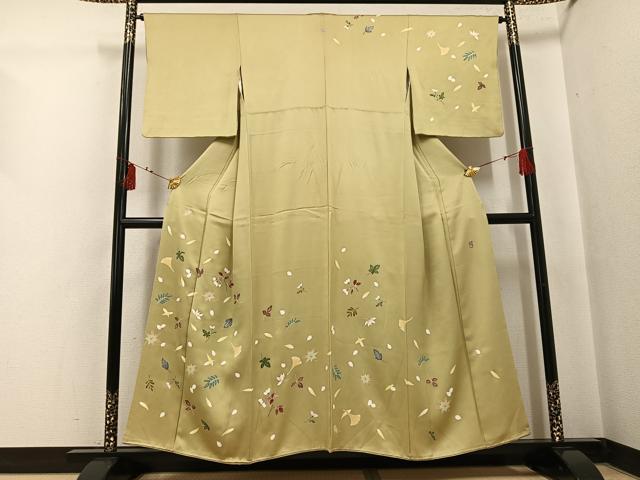 長閑やかさ屋御召しもの●短い訪問着 絵描き物 久祐 被子植物文 正絹 珠玉 AABI3066ph