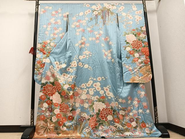 長閑やかさ屋御召しもの●十日町老舗ブランド名 吉澤友禅 吾妻徳穂 振袖 駒刺しゅう 被子植物文 金彩 ロング丈 正絹 珠玉 AABI3089ph