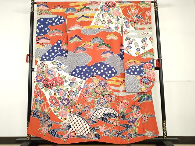 長閑やかさ屋御召しもの●晴れ晴れしい振袖 紅型 梅松見晴らし文 正絹 珠玉 AABH7274cs