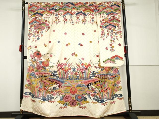 長閑やかさ屋御召しもの●晴れ晴れしい振袖 紅型 見晴らし松竹梅文 正絹 珠玉 AABH8843cs