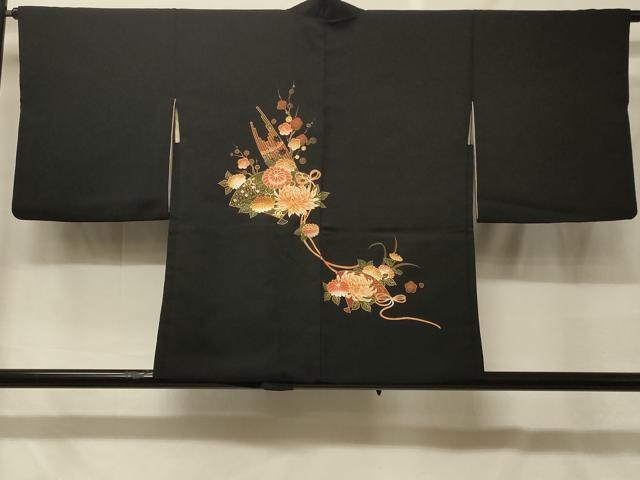 長閑やかさ屋御召しもの＃羽織 扇子被子植物文 黒地 金彩 正絹 珠玉 CABF8894インチ