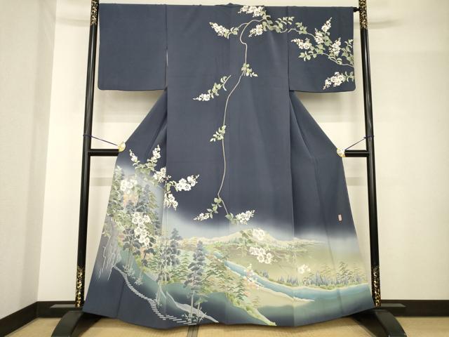 長閑やかさ屋御召しもの●本加賀友禅絵描き 三口章 短い訪問着 見晴らし森林地帯文 暈し染め ますいわ屋取りまわし 正絹 珠玉 AABH5907ck