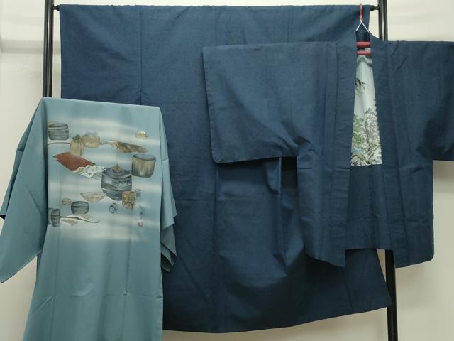 長閑やかさ屋お召しもの●成人男性 髭紬 合奏団・長襦袢仕掛ける 留紺色 正絹 珠玉 CABD9062gh