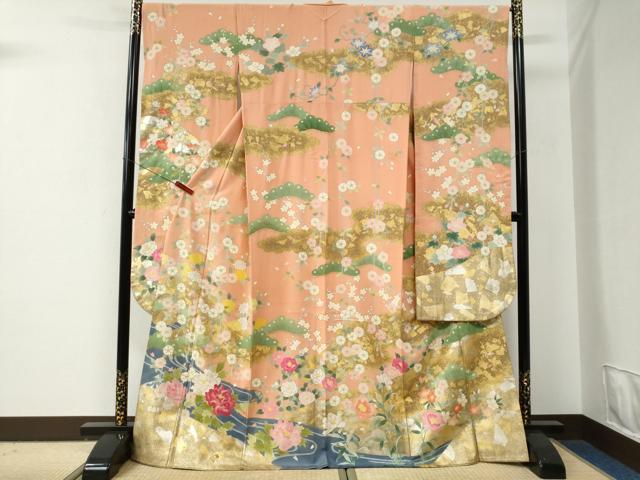 長閑やかさ屋御召しもの●晴れ晴れしい振袖 絵描き物 水流名取り草花文 暈し染め 金彩 正絹 珠玉 CABE2852yc
