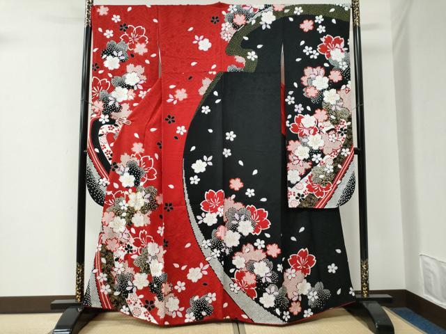長閑やかさ屋御召しもの●晴れ晴れしい振袖 駒刺しゅう 舞桜文 金彩 京都きもの友禅取りまわし 正絹 珠玉 CABE2874yc