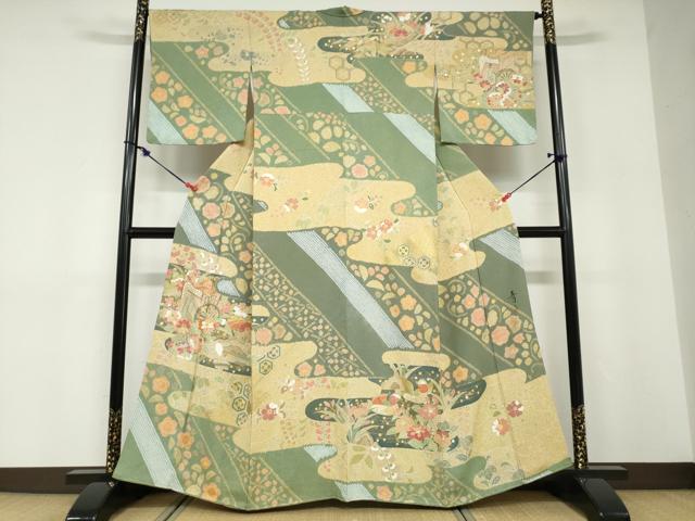 平和屋着物●京友禅の第一人者　松井青々　訪問着　駒刺繍　鴛鴦御所車草花文　金彩　正絹　逸品　DABD9183ud｜平和屋