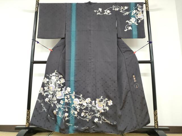 長閑やかさ屋御召しもの●金彩友禅 御前上等手並み者・細工師・和田光正 中国三大刺しゅう スワトウ刺しゅう 汕頭刺繍 短い訪問着 花織 紬地 花唐草文 金彩 DABD9307ud