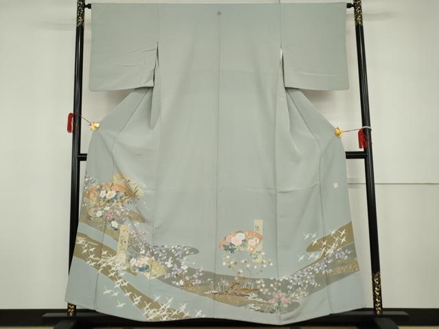 平和屋着物●豪華色留袖　友禅　作家物　駒刺繍　地紙飛鶴花文　鈴乃屋扱い　正絹　逸品　AABH3753cs｜平和屋