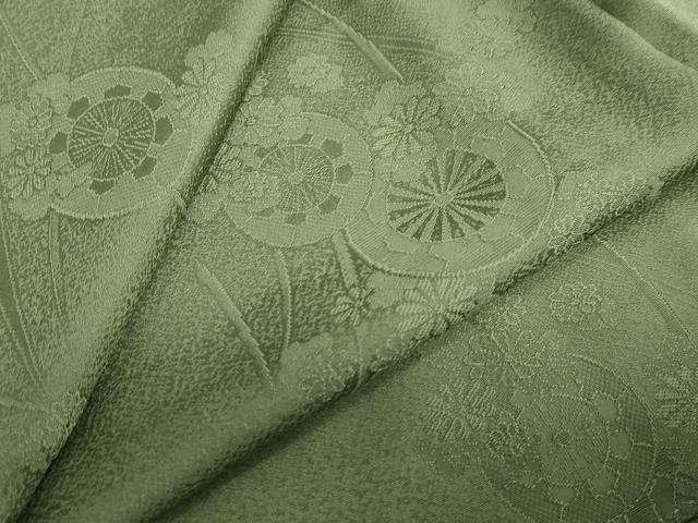 平和屋着物●上質な色無地　源氏車草花地紋　草色　正絹　逸品　DABC2911ud｜平和屋