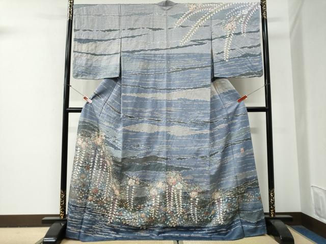 平和屋着物●越後十日町の一流染匠 桐屋・翠山工房 訪問着 辻が花 絞り 暈し染め 銀通し地 ロング丈 正絹 逸品 未使用 CABG0856yc|平和屋