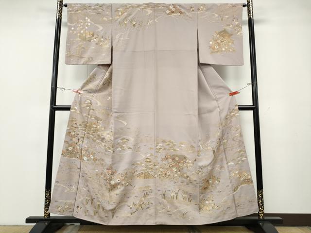 長閑やかさ屋御召しもの●短い訪問着 総刺しゅう 見晴らし顕花植物文 金糸 正絹 珠玉 CABG5373ut