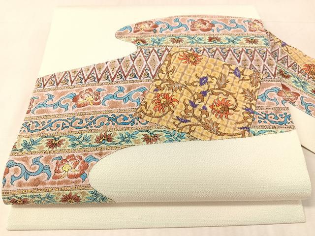 平和屋着物●九寸名古屋帯　道長更紗唐草文　金彩　鬼しぼ縮緬　正絹　逸品　CABK4789vp｜平和屋