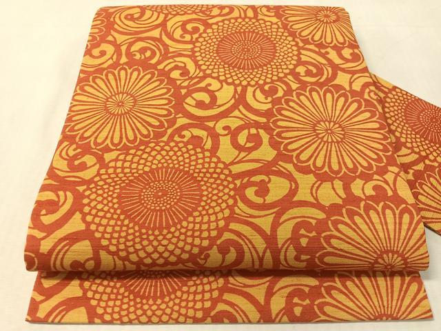 平和屋着物●全通柄　九寸名古屋帯　紬地　型染め　菊唐草文　正絹　逸品　CABL0006vp｜平和屋