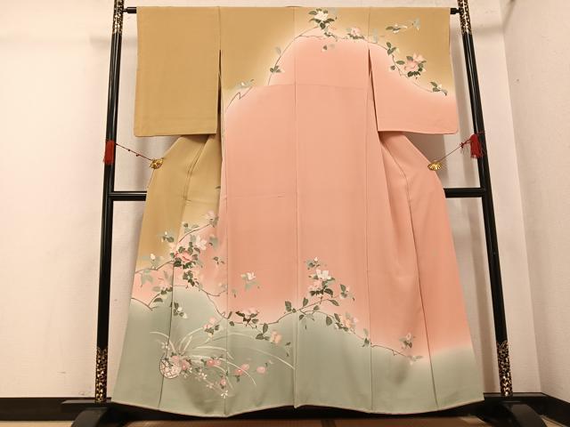長閑やかさ屋御召しもの●短い訪問着 友禅 絵描き物 枝花文 暈し染め 正絹 珠玉 AABI4830ph