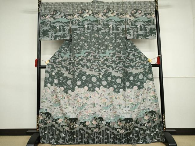 長閑やかさ屋御召しもの●短い訪問着 中国三大刺しゅう スワトウ刺しゅう 汕頭刺繍 吉祥花鳥文 金糸 ますいわ屋取りまわし 正絹 珠玉 AABJ3273cs