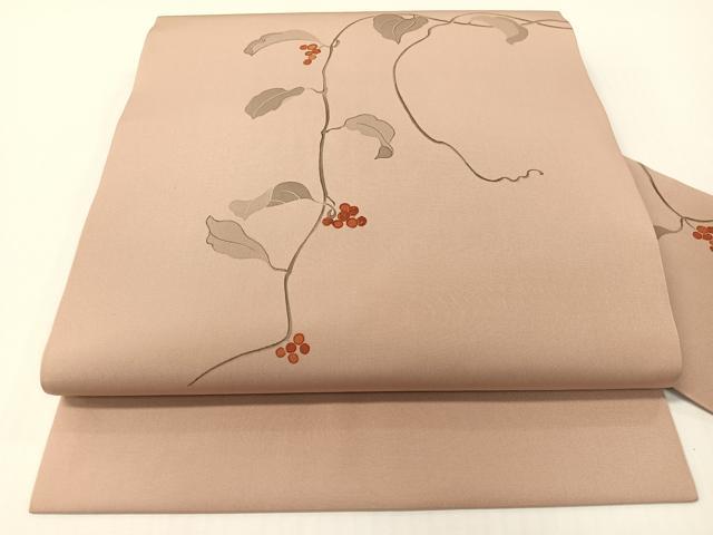 長閑やかさ屋御召しもの●塩瀬 九寸名古屋帯 手書き 刺しゅう グレープ蔦の葉文 正絹 珠玉 CABG1774vp
