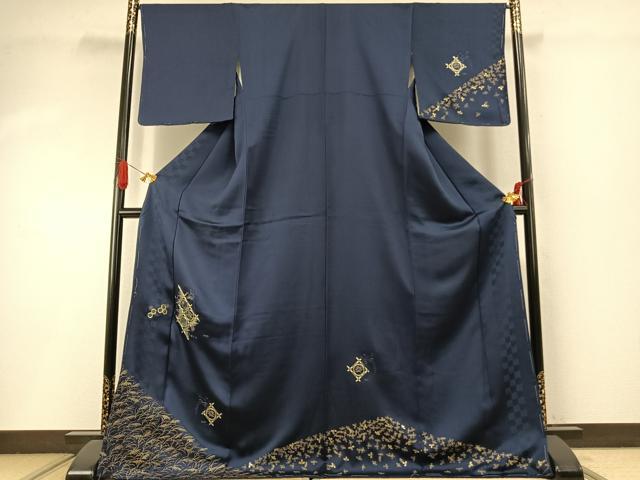 長閑やかさ屋御召しもの●短い訪問着 駒刺しゅう 上昇限度吉祥文 金糸 金彩 ロング丈 正絹 珠玉 AABI9130fy