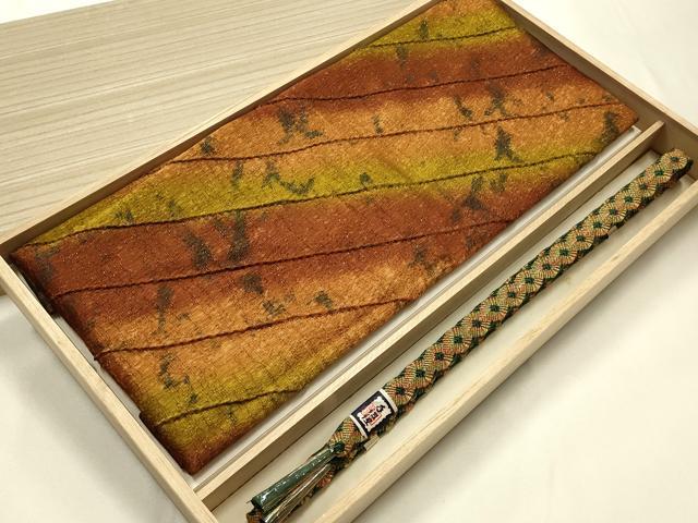平和屋本店●和装小物 帯締め・帯揚げセット 唐組 斜縞 金糸 金通し地 暈し染め 逸品 未使用 AABJ1124ay|平和屋