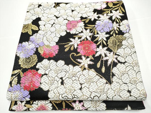 長閑やかさ屋御召しもの●六通柄袋帯 唐織 舞花文 黒地 金糸 正絹 珠玉 CABG9107hy