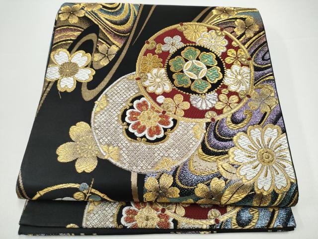 長閑やかさ屋御召しもの●六通柄袋帯 被子植物丸文 黒地 現ナマ糸 正絹 珠玉 CABG9108hy