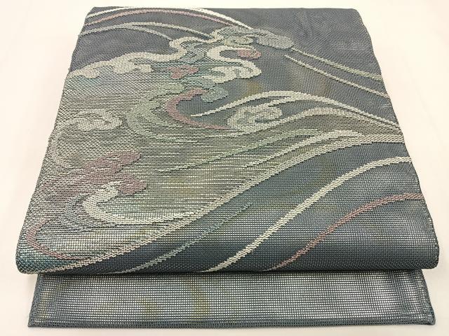 長閑やかさ屋御召しもの＊夏物 膜鳴楽器柄袋帯 立波文 銀糸 正絹 珠玉 BAAX6048hj