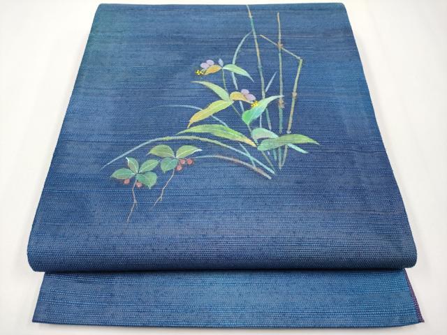 長閑やかさ屋御召しもの＊夏物 膜鳴楽器柄袋帯 絵描き物 墨付き 紬地 被子植物文 正絹 珠玉 CABG3548tx