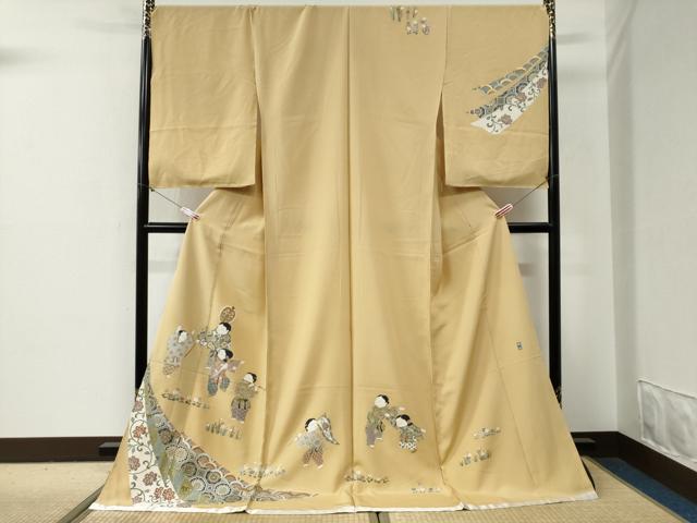 長閑やかさ屋御召しもの●短い訪問着 絵描き物 小わっぱ命のせんたく 金彩 仮絵羽 正絹 珠玉 未当て嵌める CABG0514yc