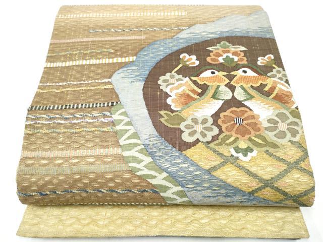 平和屋着物▽太鼓柄袋帯　スリーシーズン　春夏秋　すくい織　鴛鴦花文　金糸　正絹　逸品　CABG6289hy｜平和屋