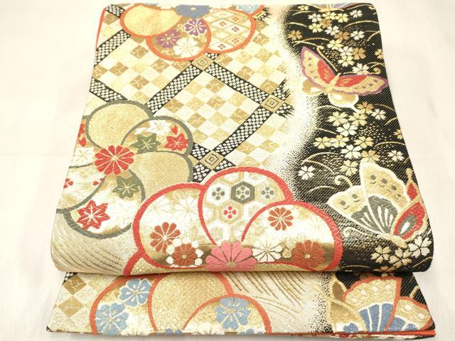 長閑やかさ屋御召しもの[]うしろ帯 赤ちゃん 全通柄袋帯 花蝶文 金糸 珠玉 DABE7018ma