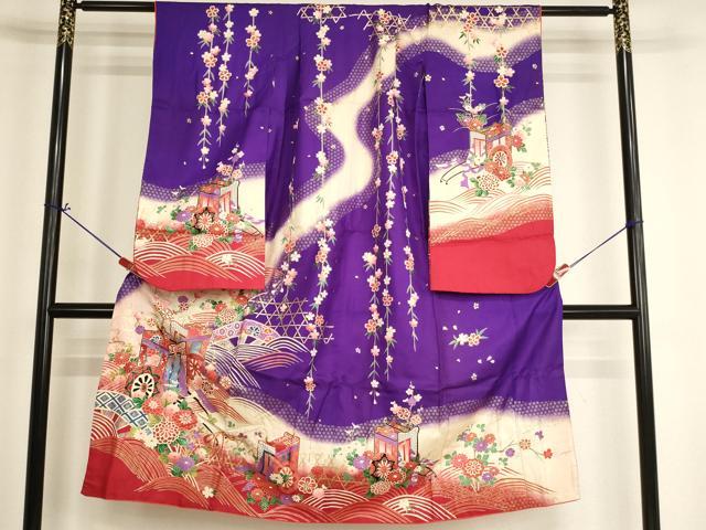 平和屋着物[]七五三　女の子　７歳　祝着　四つ身　御所車花文　暈し染め　金彩　逸品　AABI2677ja｜平和屋