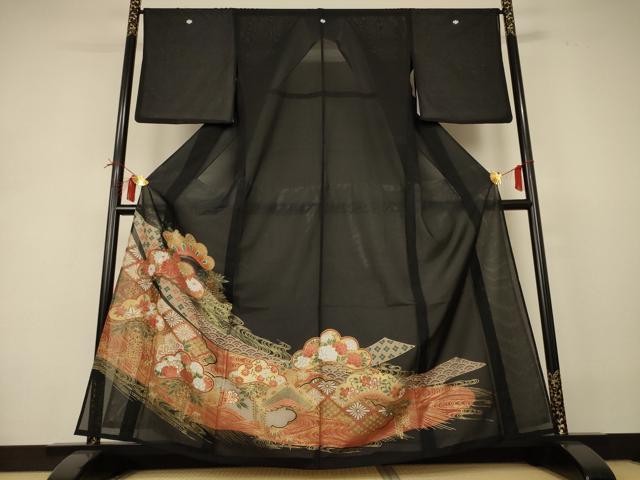 長閑やかさ屋御召しもの＊夏物 黒留袖 絽 吉祥熨斗花文 金彩 洗える御召しもの AABI4707jd