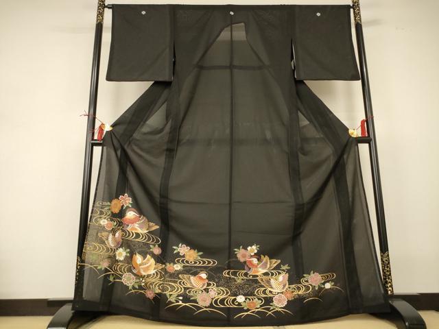 長閑やかさ屋御召しもの＊夏物 黒留袖 絽 花鳥文 洗える御召しもの AABI4709jd