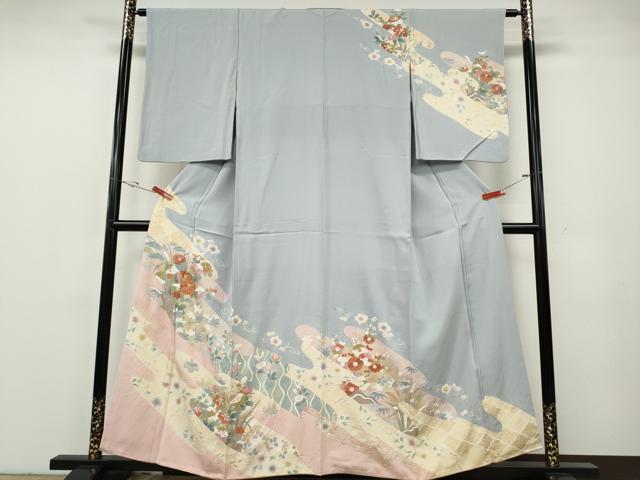 長閑やかさ屋御召しもの●短い訪問着 駒刺しゅう 絞り エ霞被子植物文 金彩 正絹 珠玉 CABG5240ut