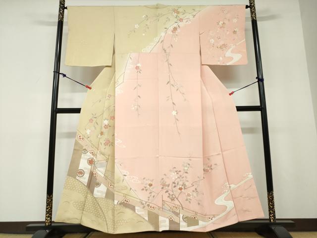 長閑やかさ屋御召しもの●短い訪問着 駒刺しゅう エ霞被子植物文 暈し染め 金彩 正絹 珠玉 DABD9883ud
