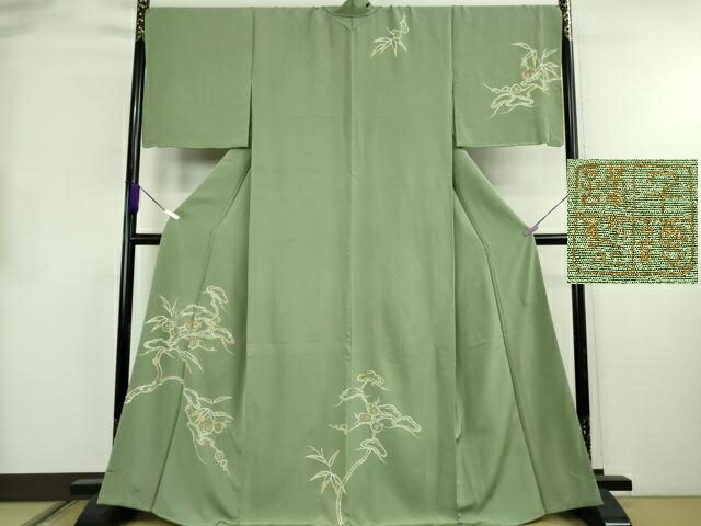 長閑やかさ屋中央局●より良い 築き上げる460年・千總 短い訪問着 刺しゅう 松竹梅 ワサビ色地 高島屋取りまわし 反端付き添い人 珠玉 未当てはめる DZAB6343kh6